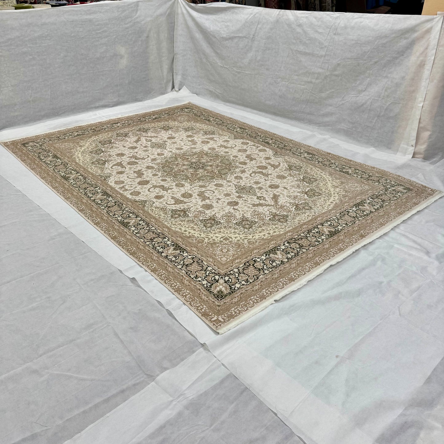 8x11 ft Persian Rug - Beheshti Tabraiz Collection - Olive Beige Silk Luxury Machine-Made