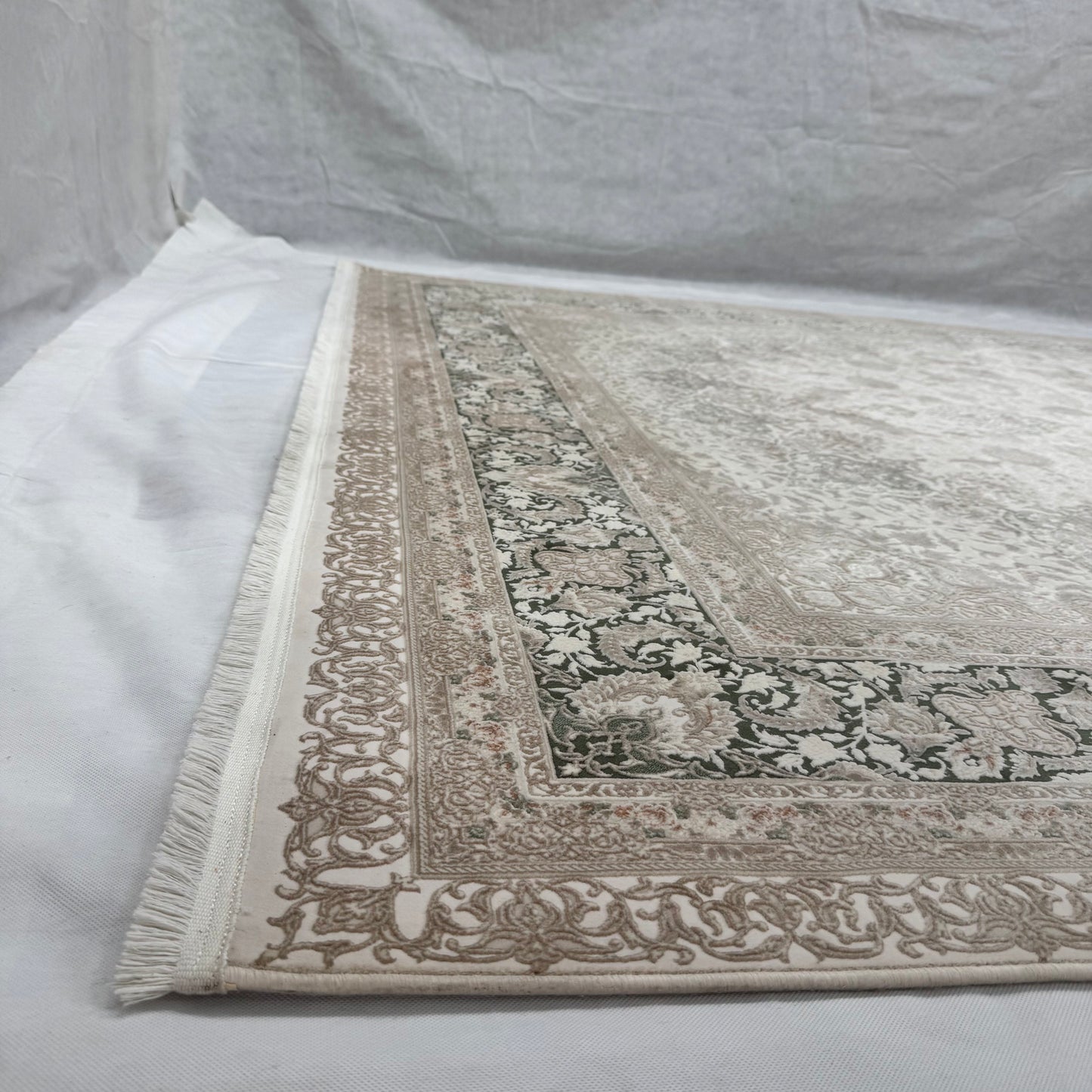 8x11 ft Persian Rug - Beheshti Tabraiz Collection - Olive Beige Silk Luxury Machine-Made