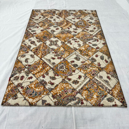 5 ft x 8 ft Persian Rug - Isfahan Majesty Collection - 1200 Reeds - Gold & Cream Patchwork Design