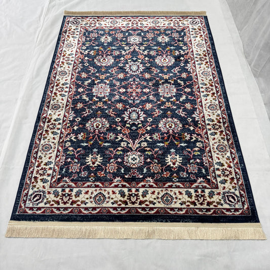 Turkish Rug - Midnight Blossom Collection - Navy & Ivory Floral Elegance
