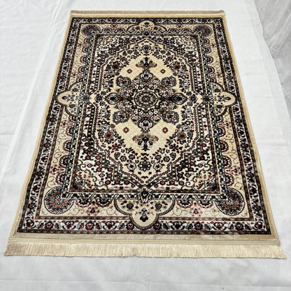 Turkish Rug - Desert Pearl Collection - Beige & Black Floral Medallion