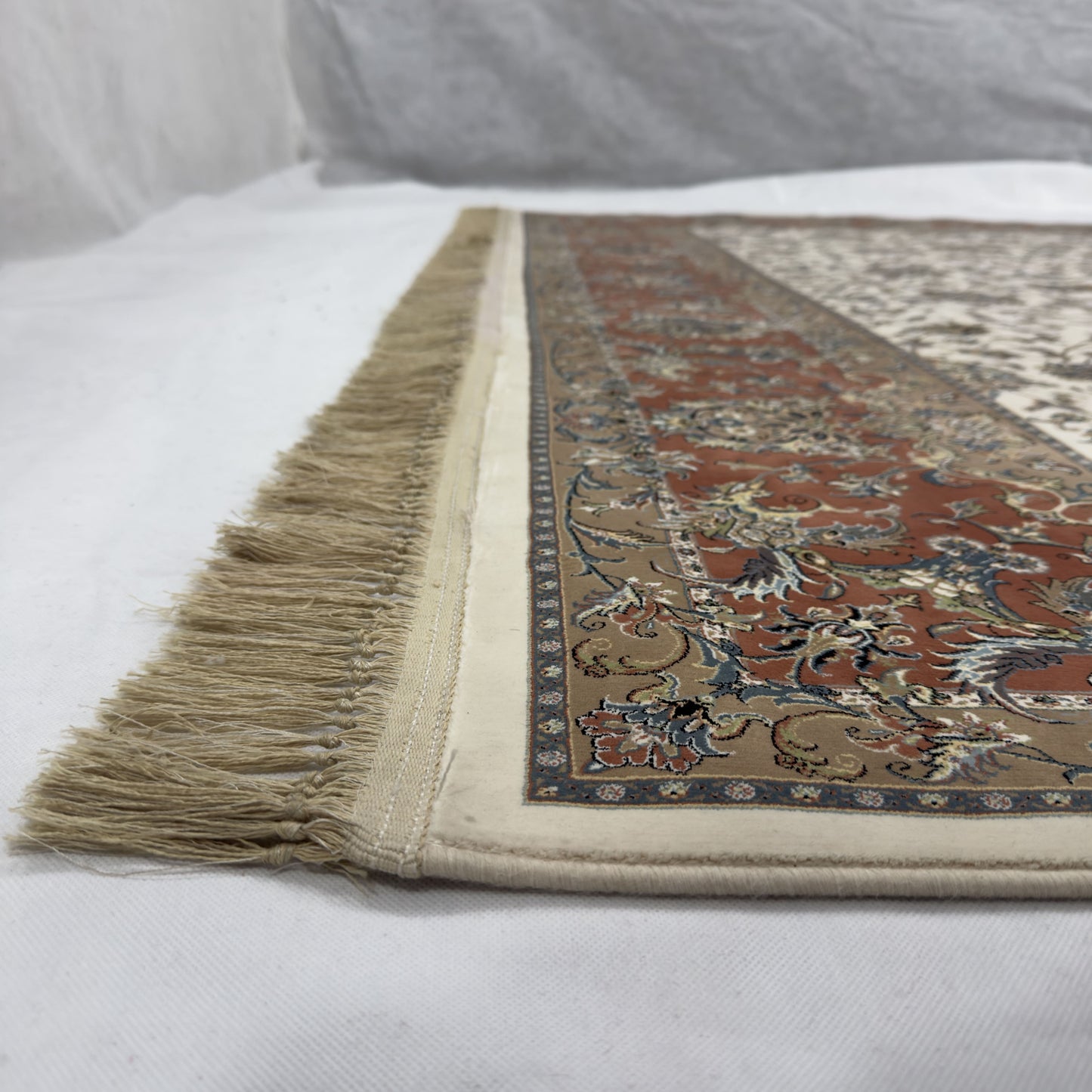 Persian Kashani Bamboo Silk Rug 8x11 ft 1500 Reeds Cream Red Luxury Iranian Carpet