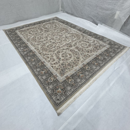 Persian Kashani Bamboo Silk Rug 8x11 ft 1500 Reeds Beige Grey Luxury Iranian Carpet