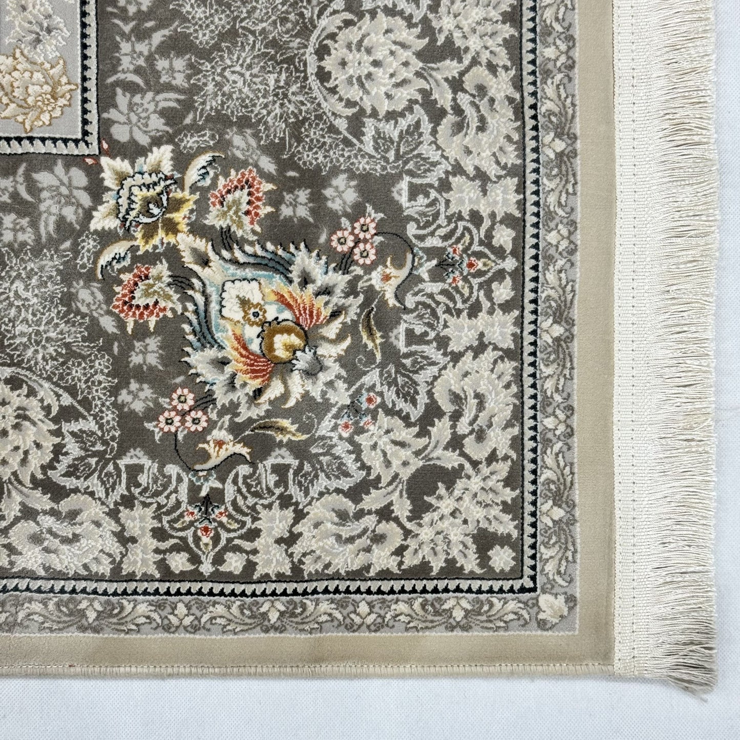 Persian Kashani Bamboo Silk Rug 8x11 ft 1500 Reeds Beige Grey Luxury Iranian Carpet