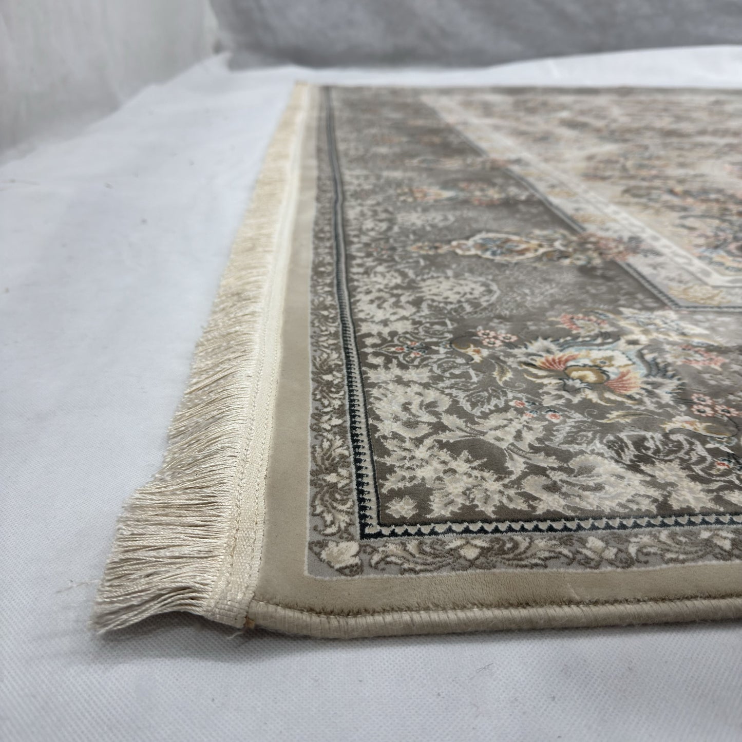 Persian Kashani Bamboo Silk Rug 8x11 ft 1500 Reeds Beige Grey Luxury Iranian Carpet