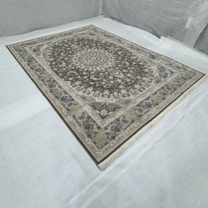 Persian Kashani Bamboo Silk Rug 8x11 ft 1500 Reeds Grey Medallion Luxury Iranian Carpet