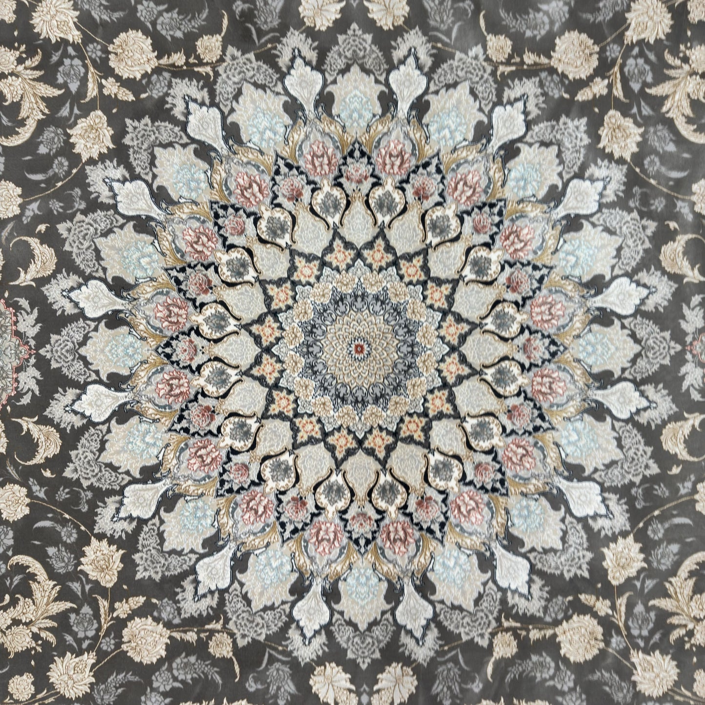 Persian Kashani Bamboo Silk Rug 8x11 ft 1500 Reeds Grey Medallion Luxury Iranian Carpet