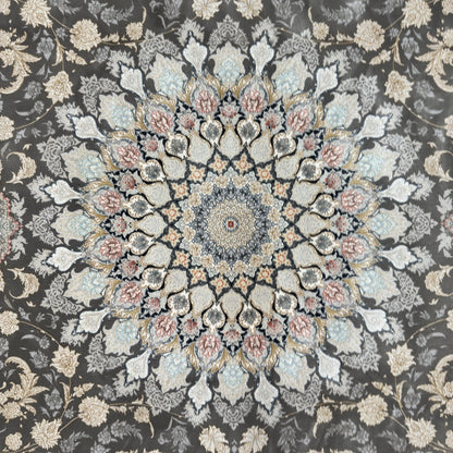 Persian Kashani Bamboo Silk Rug 8x11 ft 1500 Reeds Grey Medallion Luxury Iranian Carpet