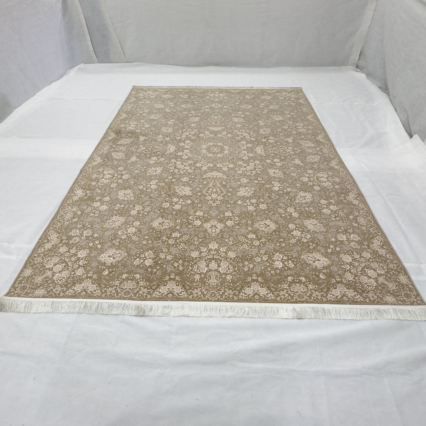 Persian Kashani Bamboo Silk Rug 8x11 ft 1500 Reeds Gold Floral Luxury Iranian Carpet