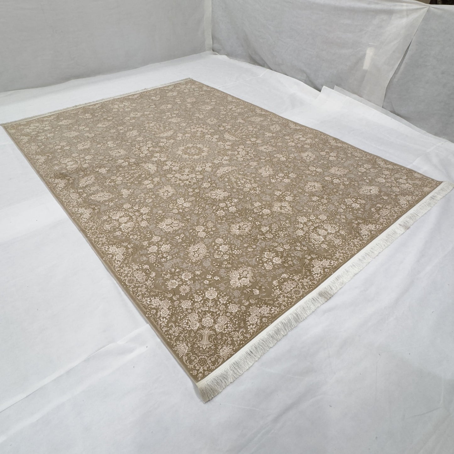 Persian Kashani Bamboo Silk Rug 8x11 ft 1500 Reeds Gold Floral Luxury Iranian Carpet