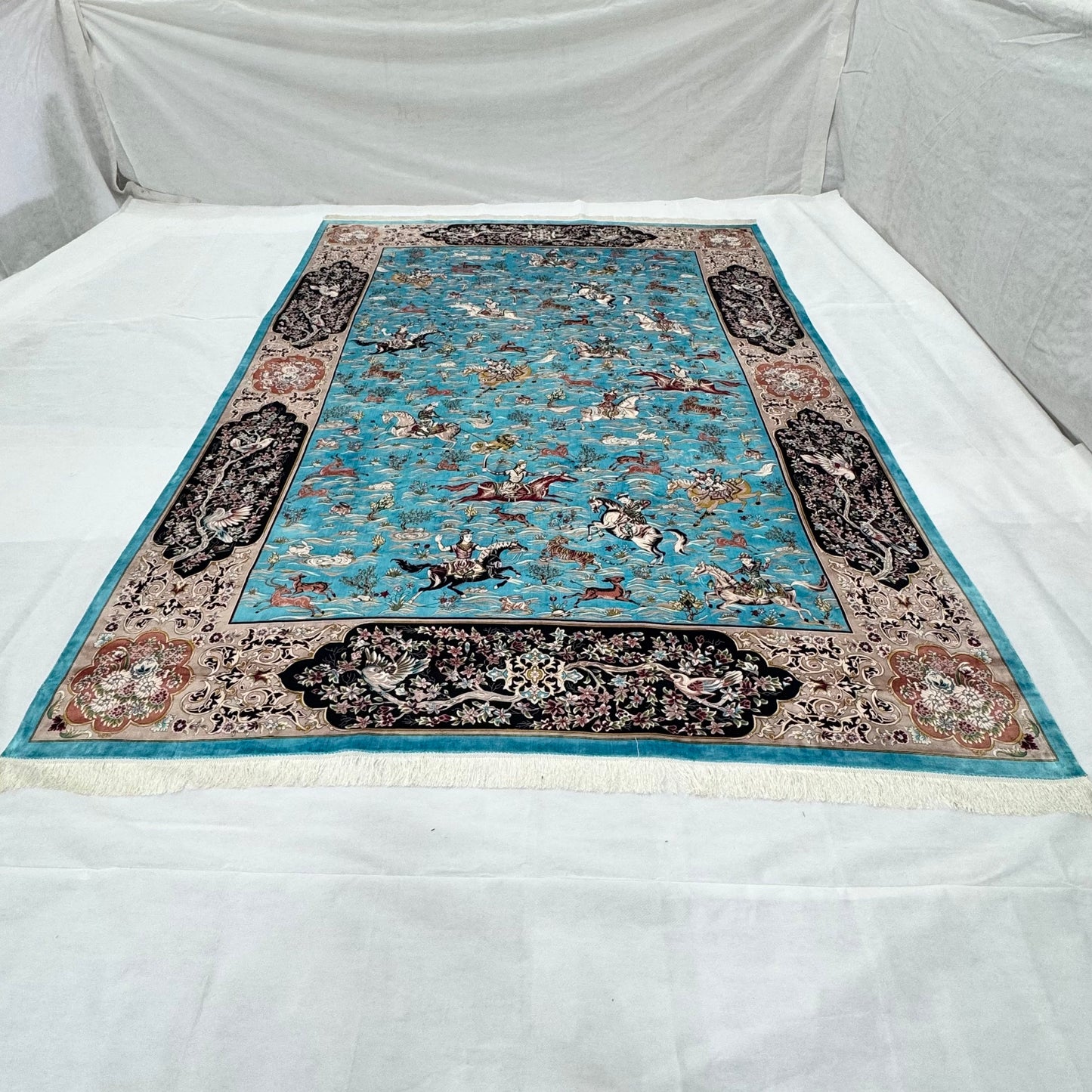 Persian Hunting Scene Pure Silk Abresham Rug 8 ft x 11 ft | 1600 Reed