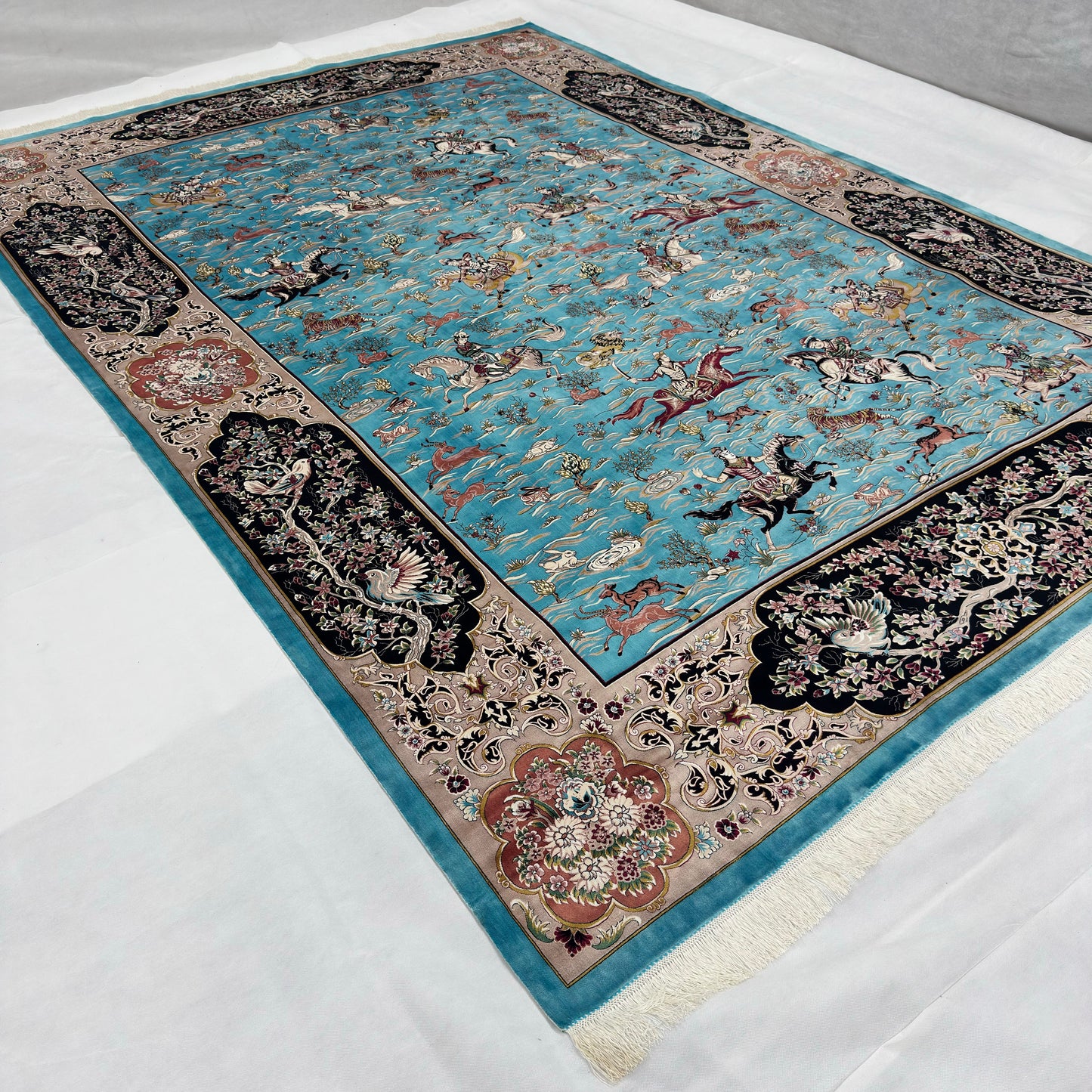Persian Hunting Scene Pure Silk Abresham Rug 8 ft x 11 ft | 1600 Reed