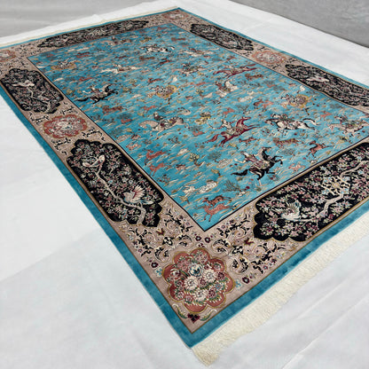 Persian Hunting Scene Pure Silk Abresham Rug 8 ft x 11 ft | 1600 Reed