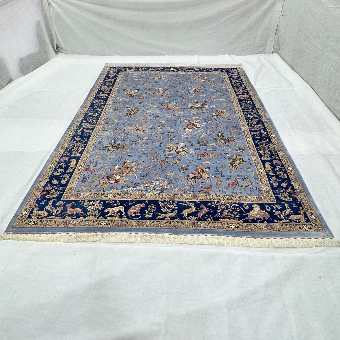Persian Isfahan Hunting Scene Pure Silk Abresham Rug 8 ft x 11 ft | 1600 Reed