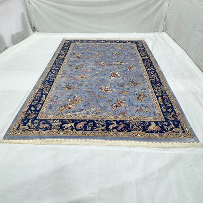 Persian Isfahan Hunting Scene Pure Silk Abresham Rug 8 ft x 11 ft | 1600 Reed