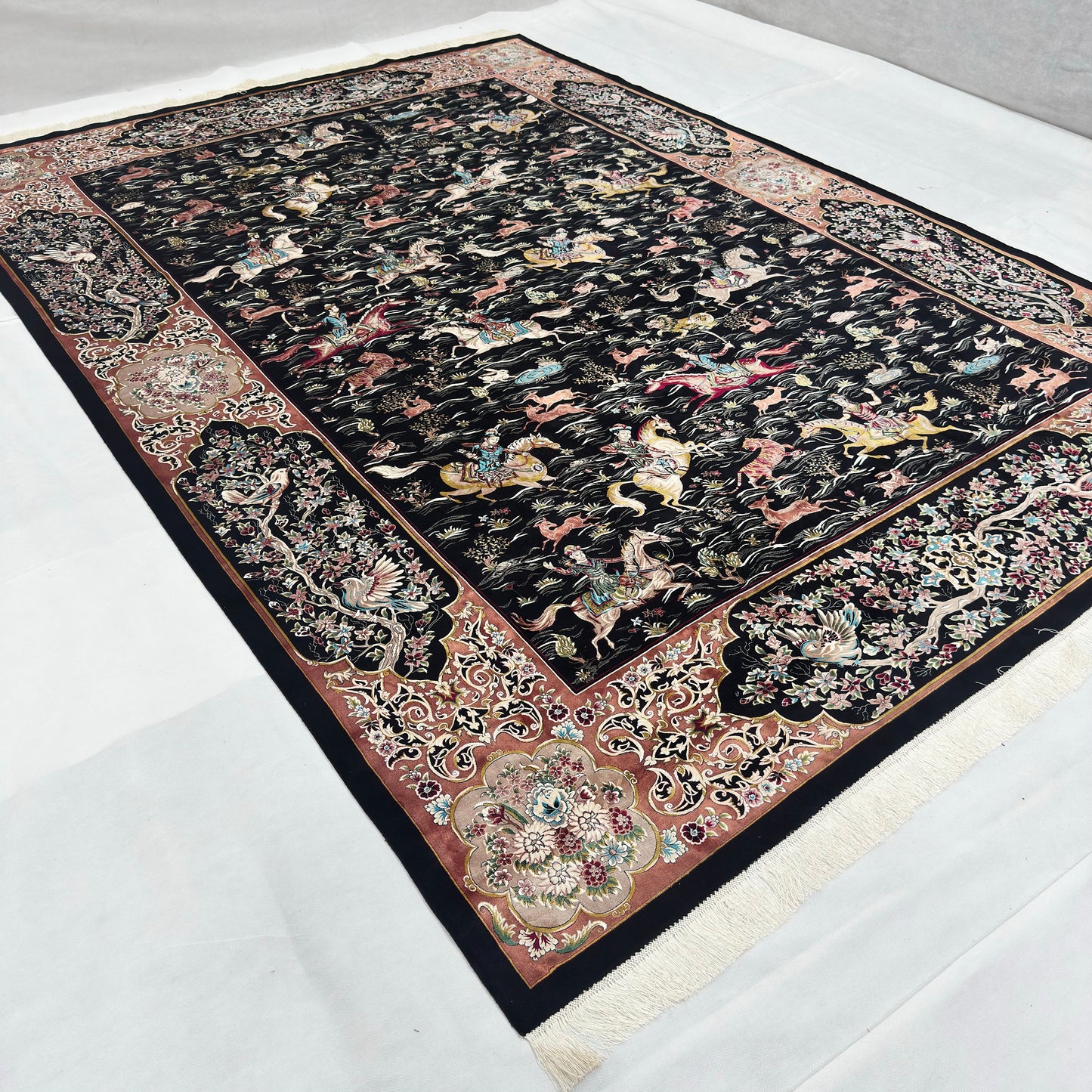 Persian Hunting Shekargh Pure Silk Abresham Rug 8 ft x 11 ft | 1600 Reed