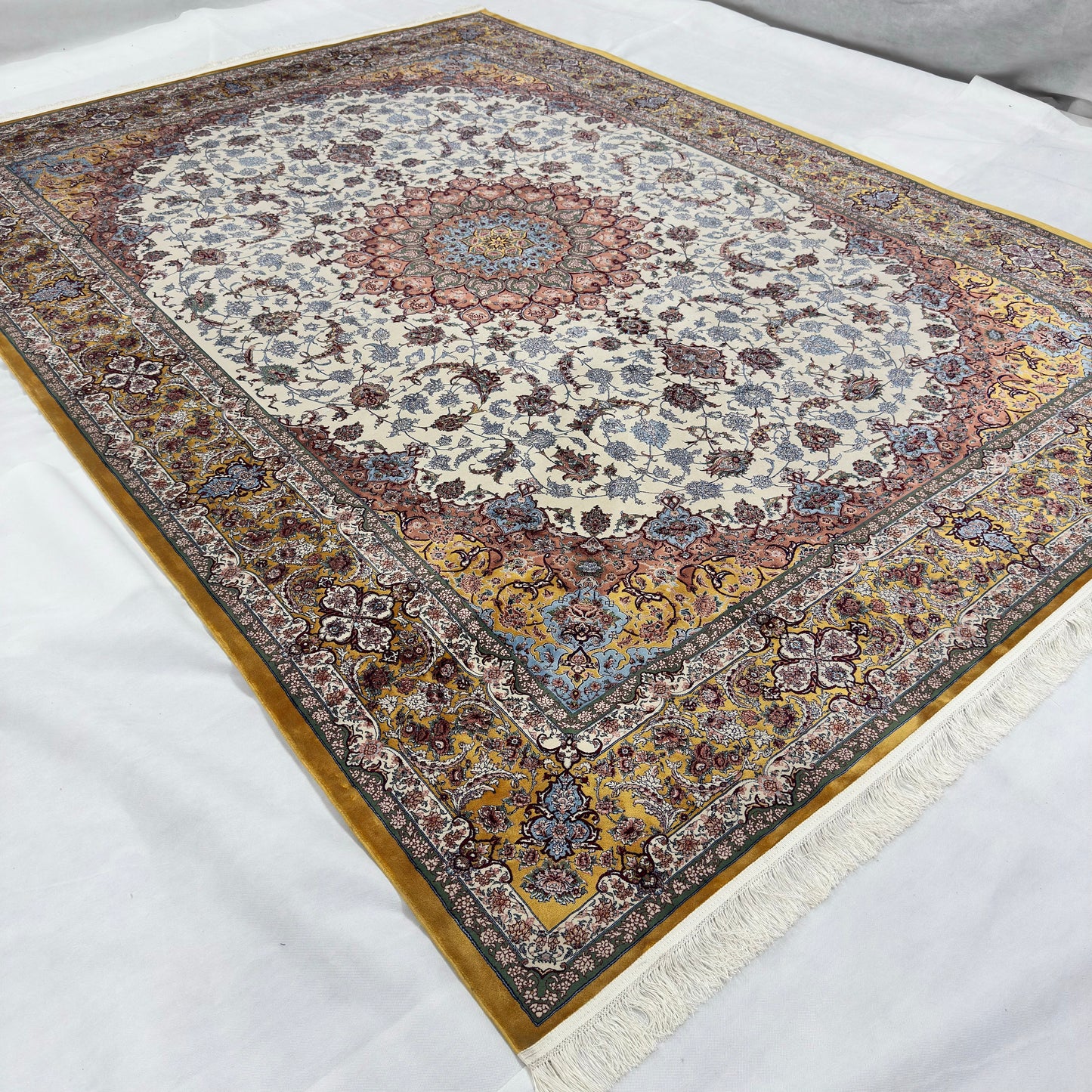 Persian Isfahan Floral Medallion Pure Silk Abresham Rug 8 ft x 11 ft