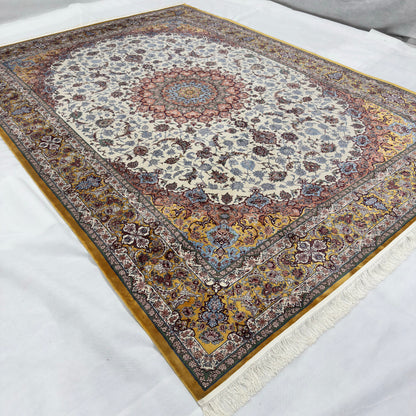 Persian Isfahan Floral Medallion Pure Silk Abresham Rug 8 ft x 11 ft
