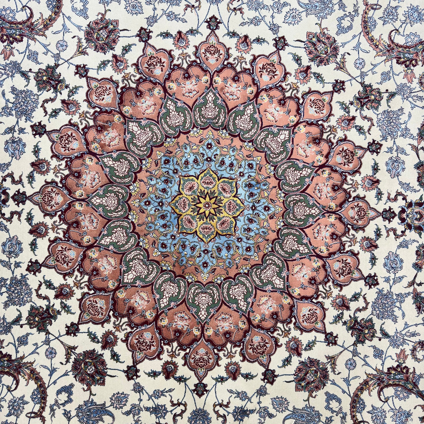 Persian Isfahan Floral Medallion Pure Silk Abresham Rug 8 ft x 11 ft