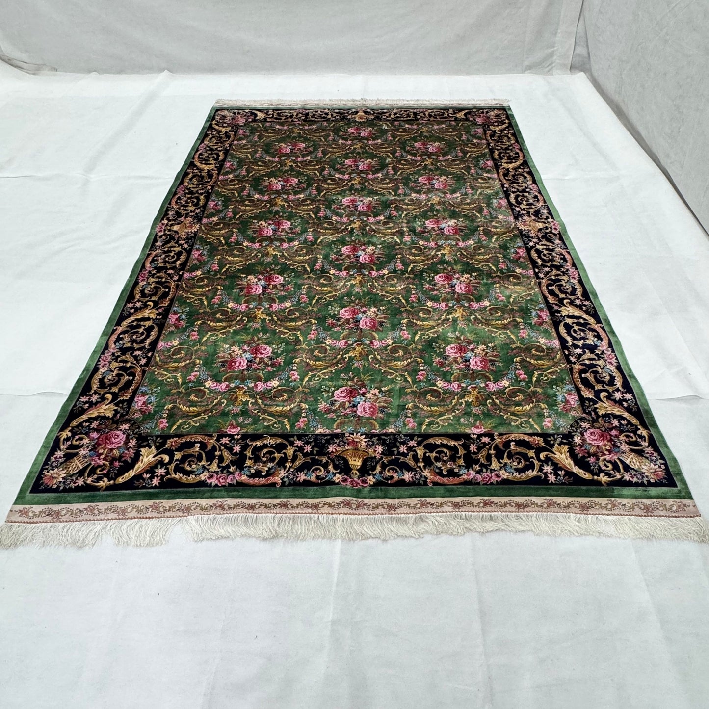 Persian Gol Farangi Floral Pure Silk Abresham Rug 7 ft x 10 ft | 1600 Reed