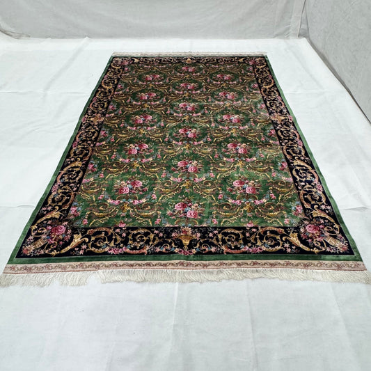 Persian Gol Farangi Floral Pure Silk Abresham Rug 7 ft x 10 ft | 1600 Reed