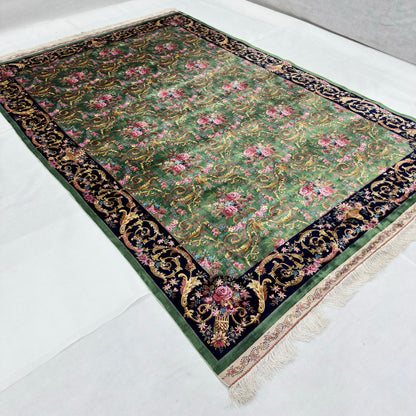 Persian Gol Farangi Floral Pure Silk Abresham Rug 7 ft x 10 ft | 1600 Reed