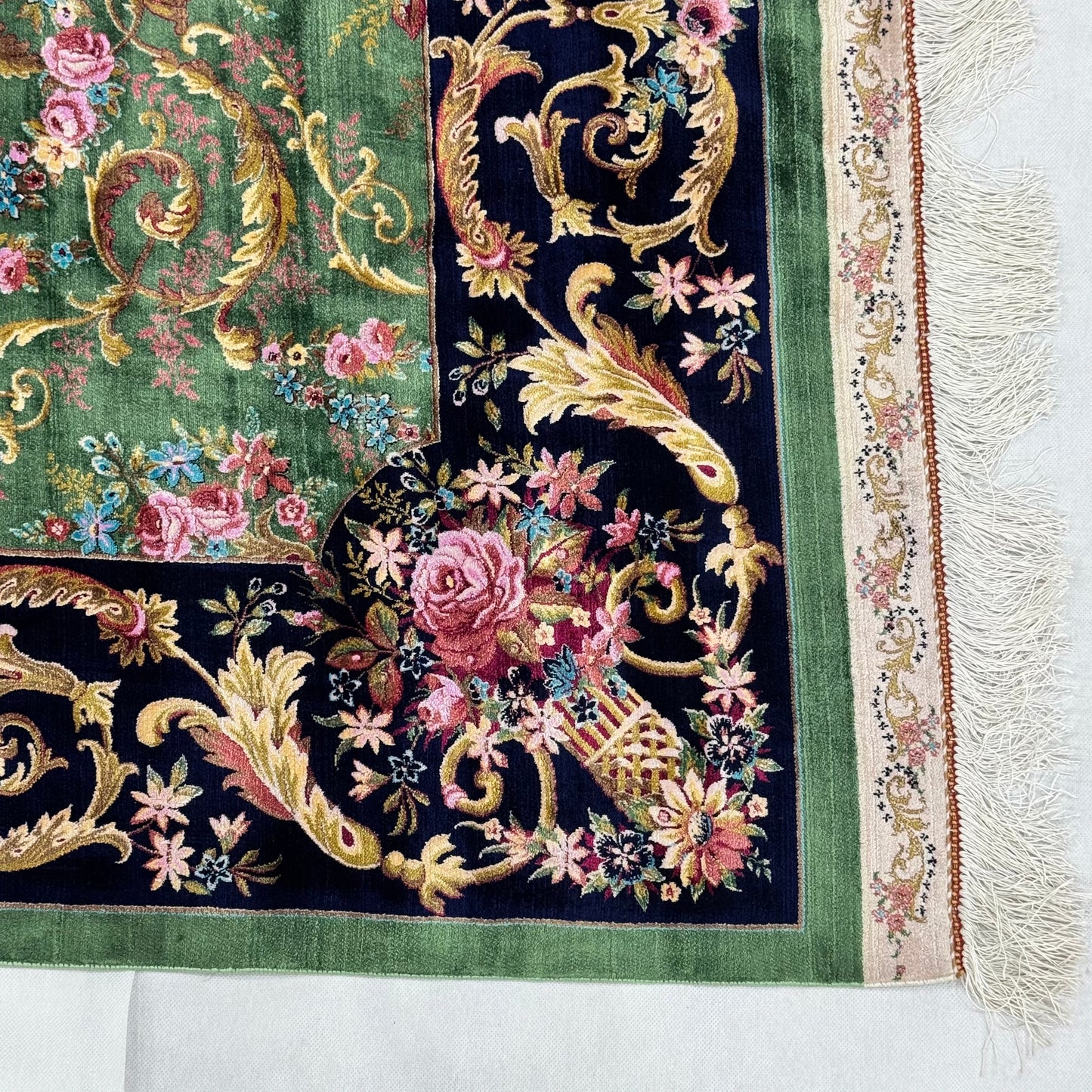 Persian Gol Farangi Floral Pure Silk Abresham Rug 7 ft x 10 ft | 1600 Reed