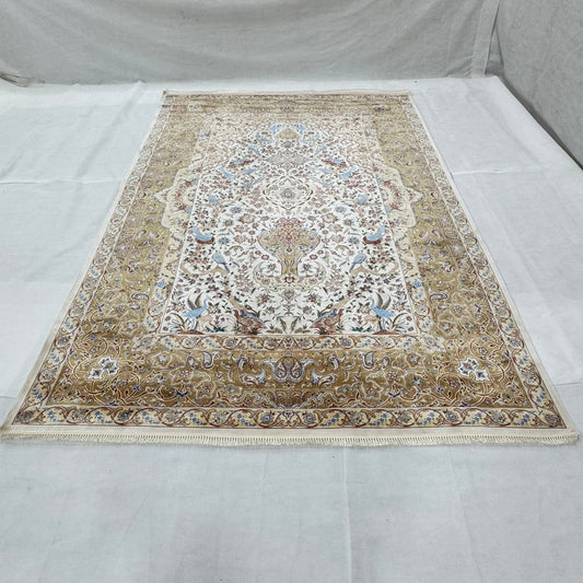 Persian Isfahan Bird Floral Pure Silk Abresham Rug 7 ft x 10 ft | 1600 Reed