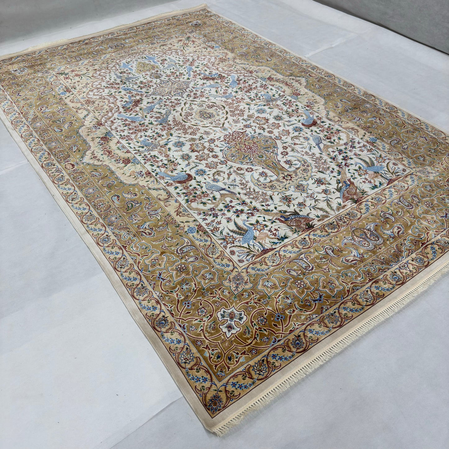 Persian Isfahan Bird Floral Pure Silk Abresham Rug 7 ft x 10 ft | 1600 Reed