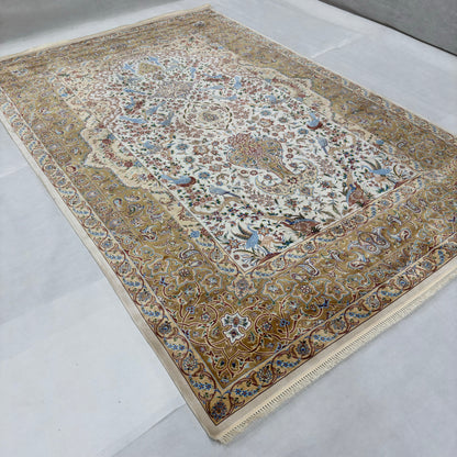 Persian Isfahan Bird Floral Pure Silk Abresham Rug 7 ft x 10 ft | 1600 Reed