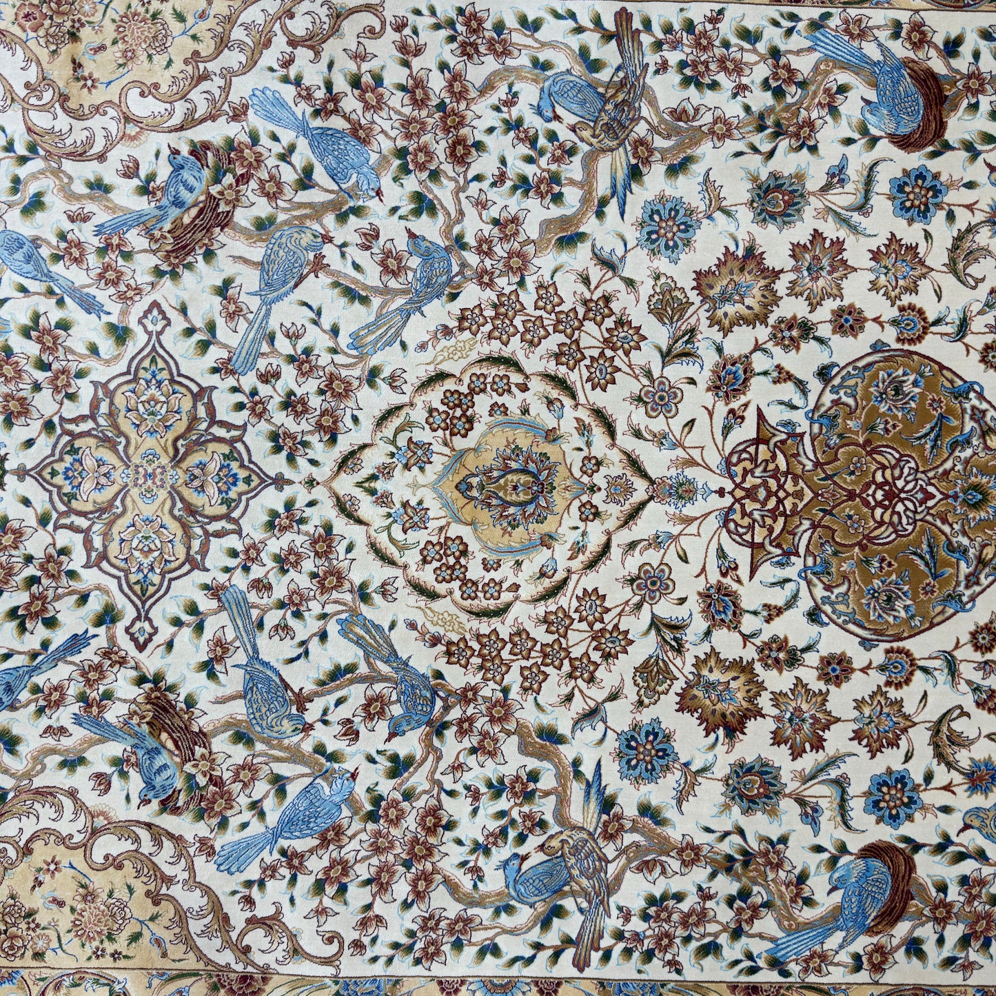 Persian Isfahan Bird Floral Pure Silk Abresham Rug 7 ft x 10 ft | 1600 Reed
