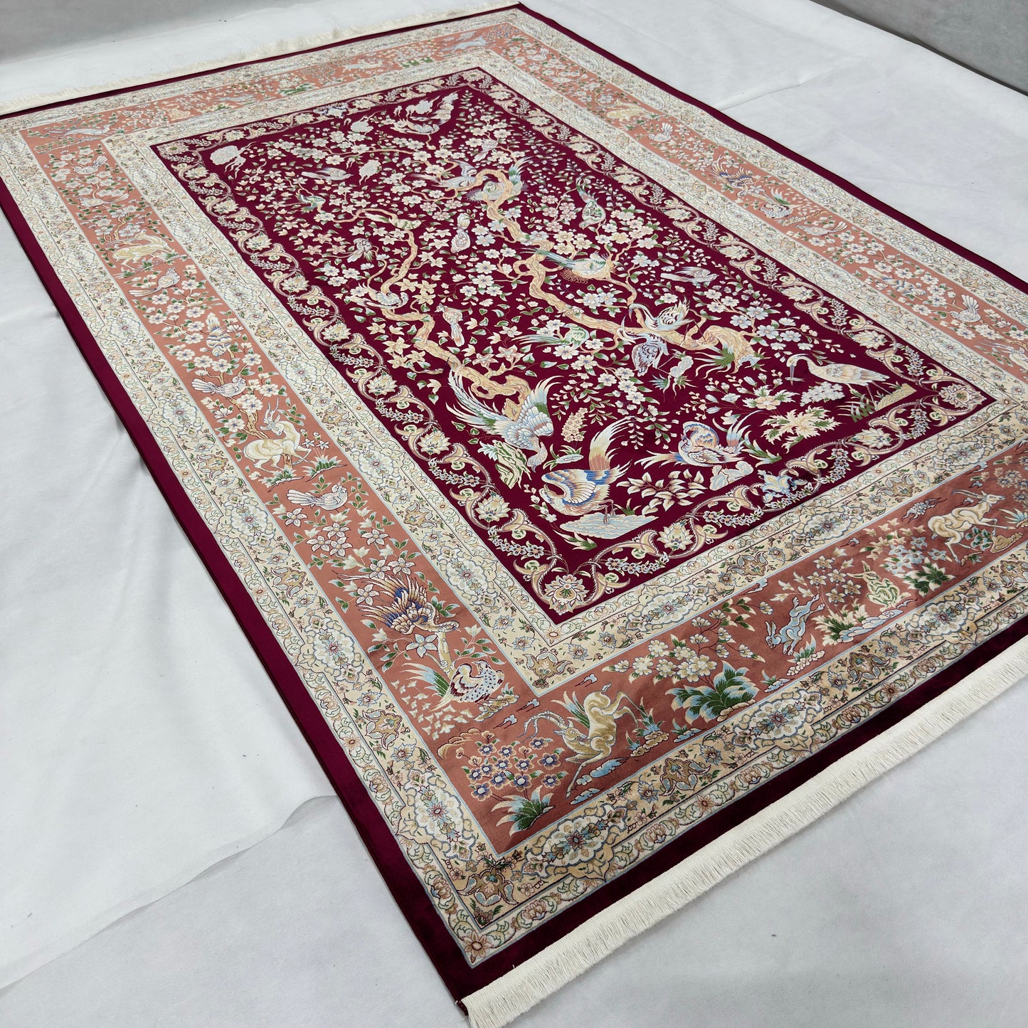 Persian Qom Bird of Paradise Pure Silk Abresham Rug 7 ft x 10 ft | 1600