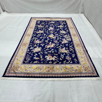 Persian Shekargh Navy Hunting Pure Silk Abresham Rug 7 ft x 10 ft | 1600