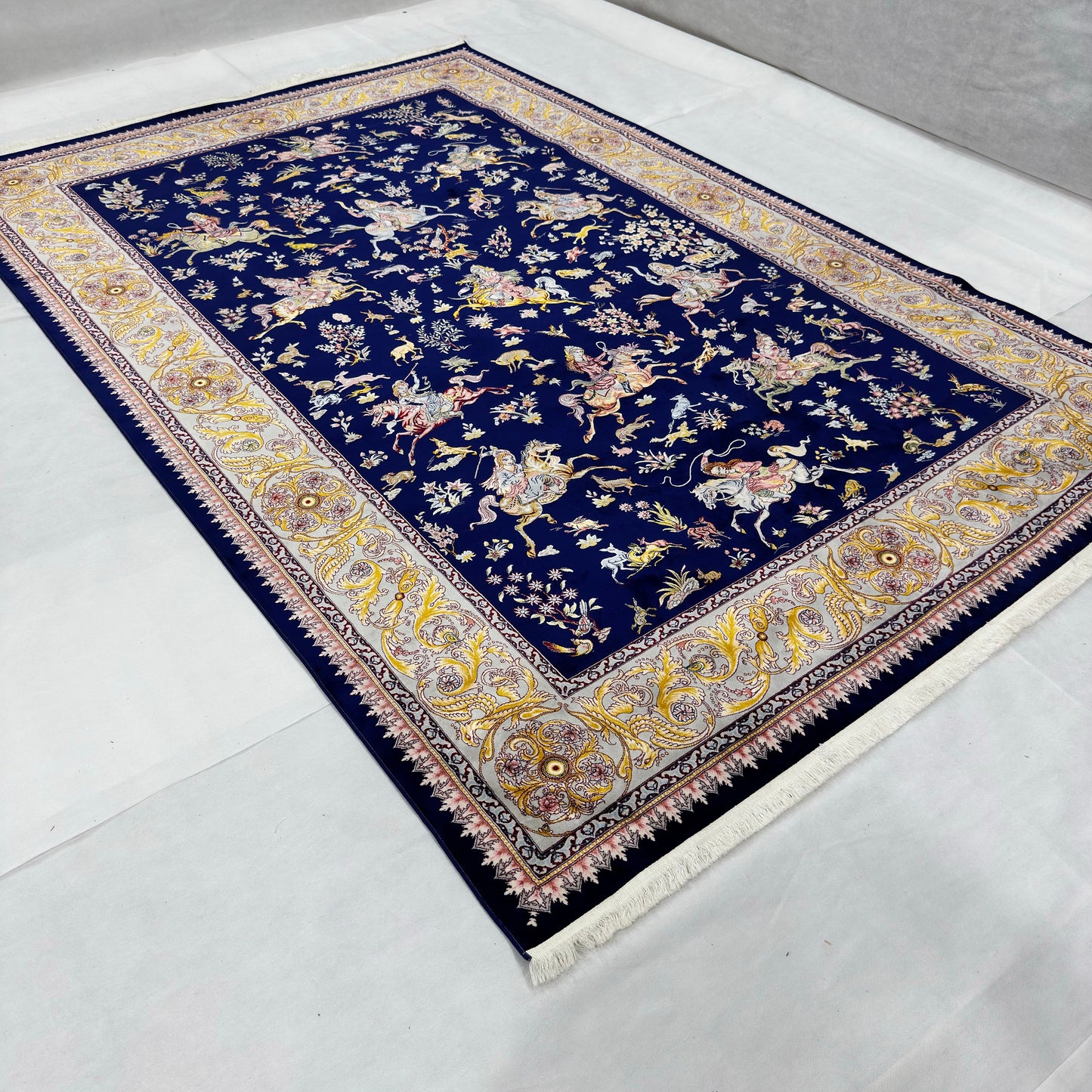 Persian Shekargh Navy Hunting Pure Silk Abresham Rug 7 ft x 10 ft | 1600