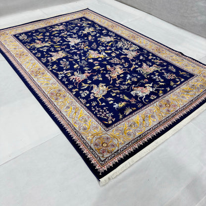 Persian Shekargh Navy Hunting Pure Silk Abresham Rug 7 ft x 10 ft | 1600
