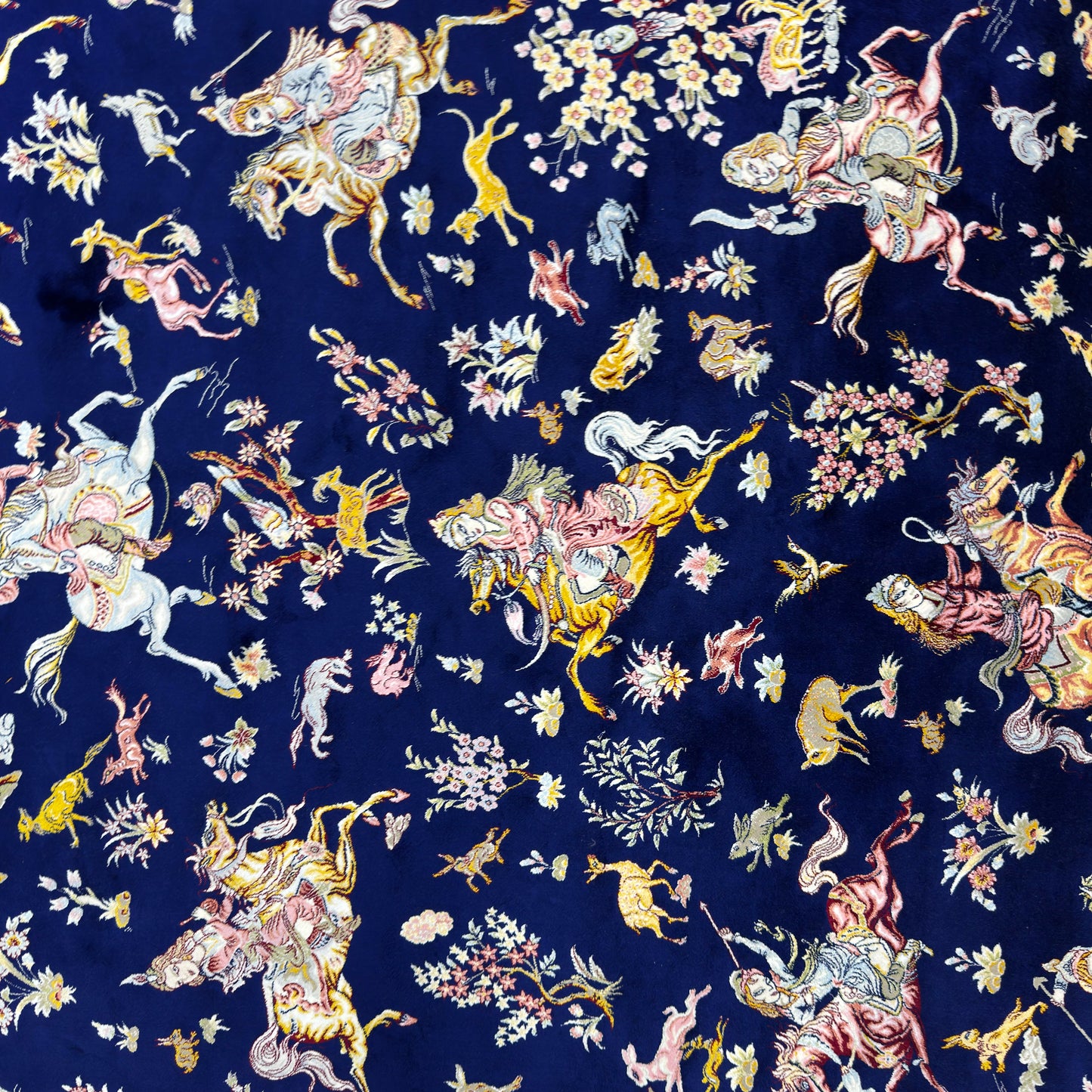 Persian Shekargh Navy Hunting Pure Silk Abresham Rug 7 ft x 10 ft | 1600