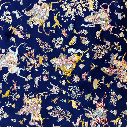Persian Shekargh Navy Hunting Pure Silk Abresham Rug 7 ft x 10 ft | 1600