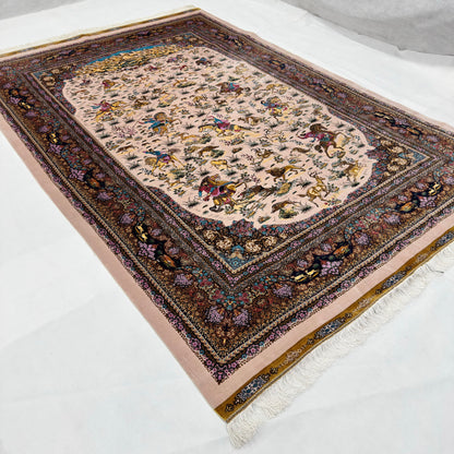 Persian Shekargh Ivory Silk Rug 7 ft x 10 ft | Pure Silk Abresham 1600 Reed