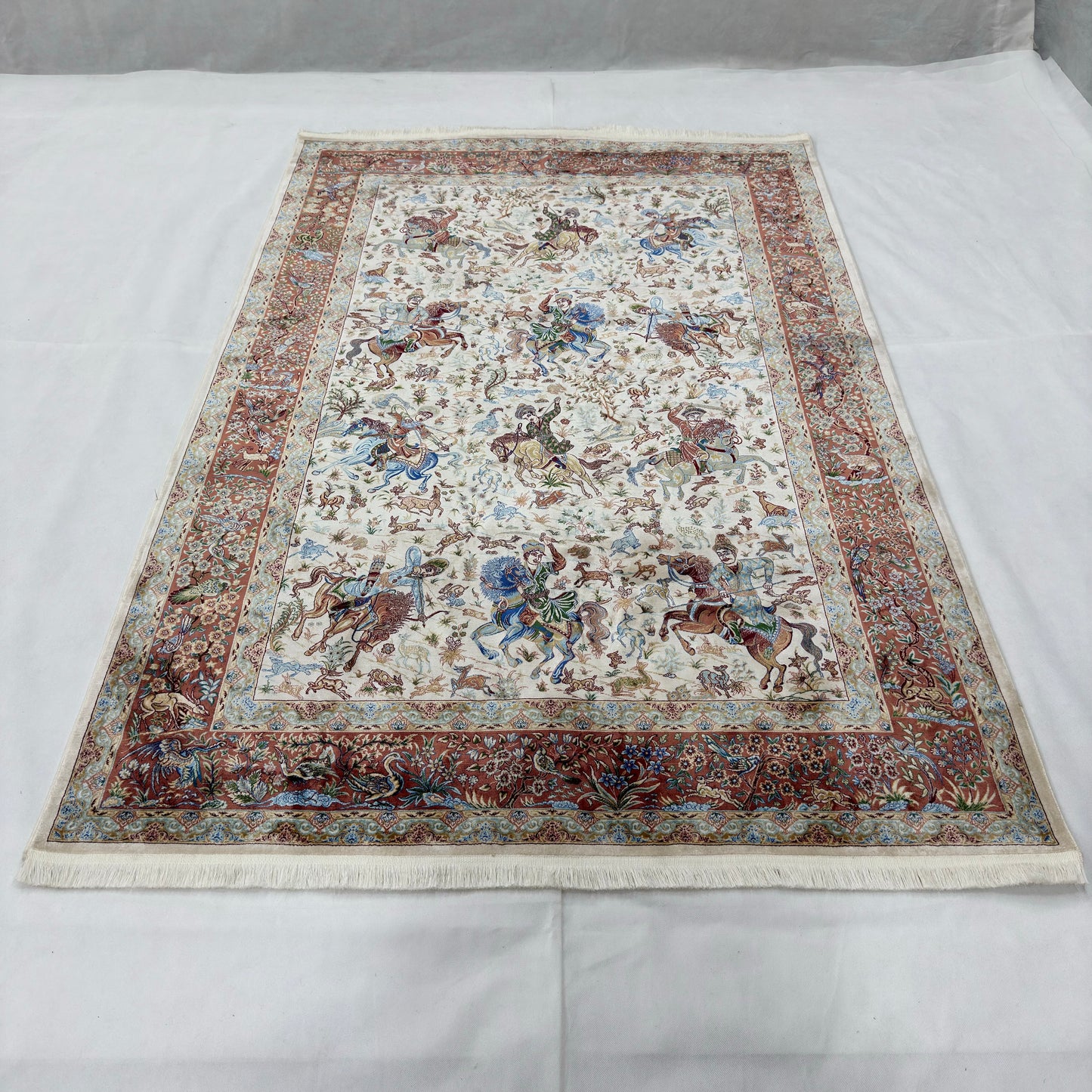 Persian Silk Hunt Scene Rug 5 ft x 8 ft | 1600 Reed Pure Silk Abresham