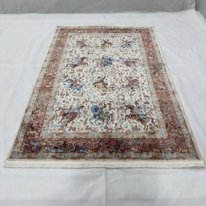 Persian Silk Hunt Scene Rug 5 ft x 8 ft | 1600 Reed Pure Silk Abresham