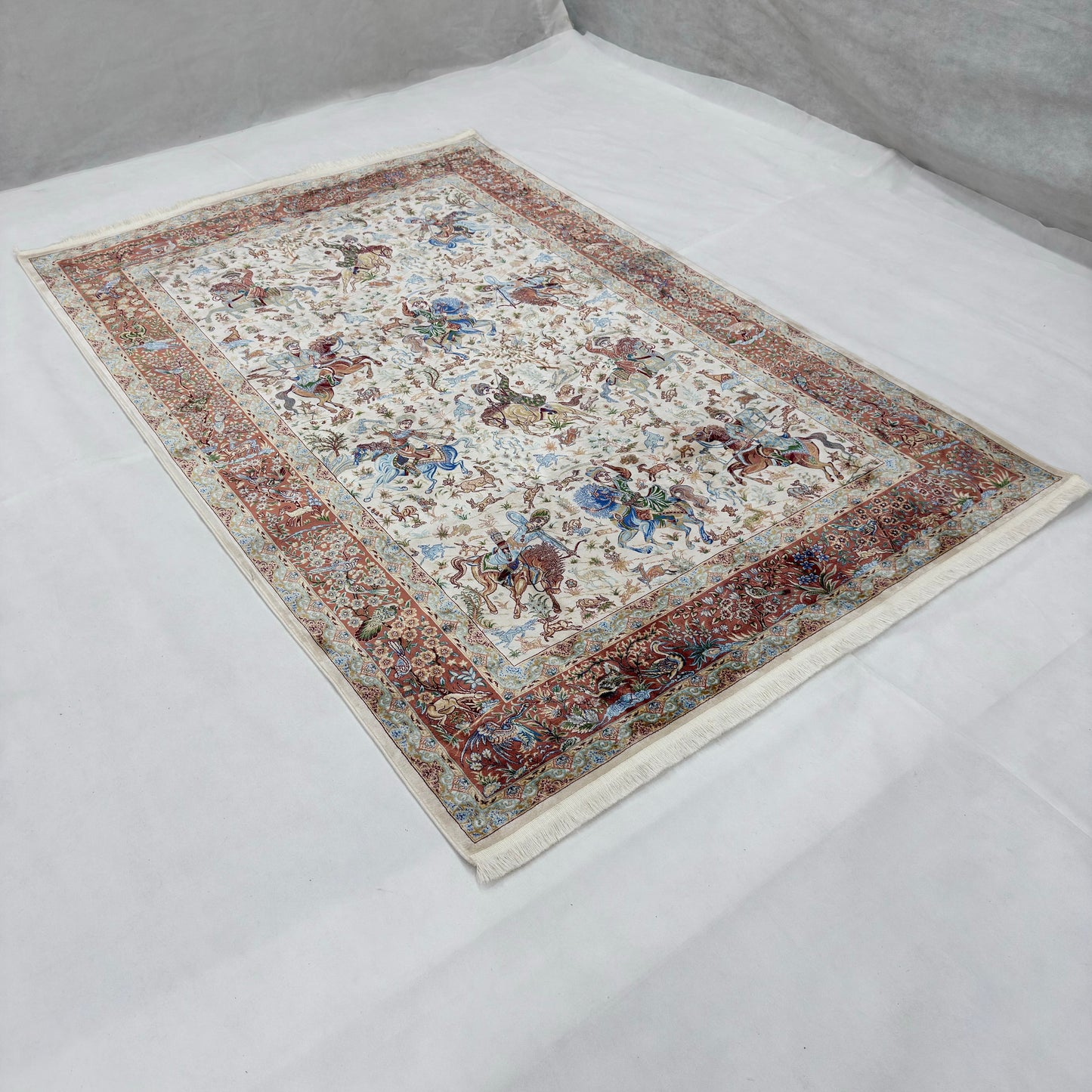 Persian Silk Hunt Scene Rug 5 ft x 8 ft | 1600 Reed Pure Silk Abresham
