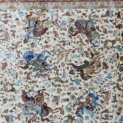 Persian Silk Hunt Scene Rug 5 ft x 8 ft | 1600 Reed Pure Silk Abresham