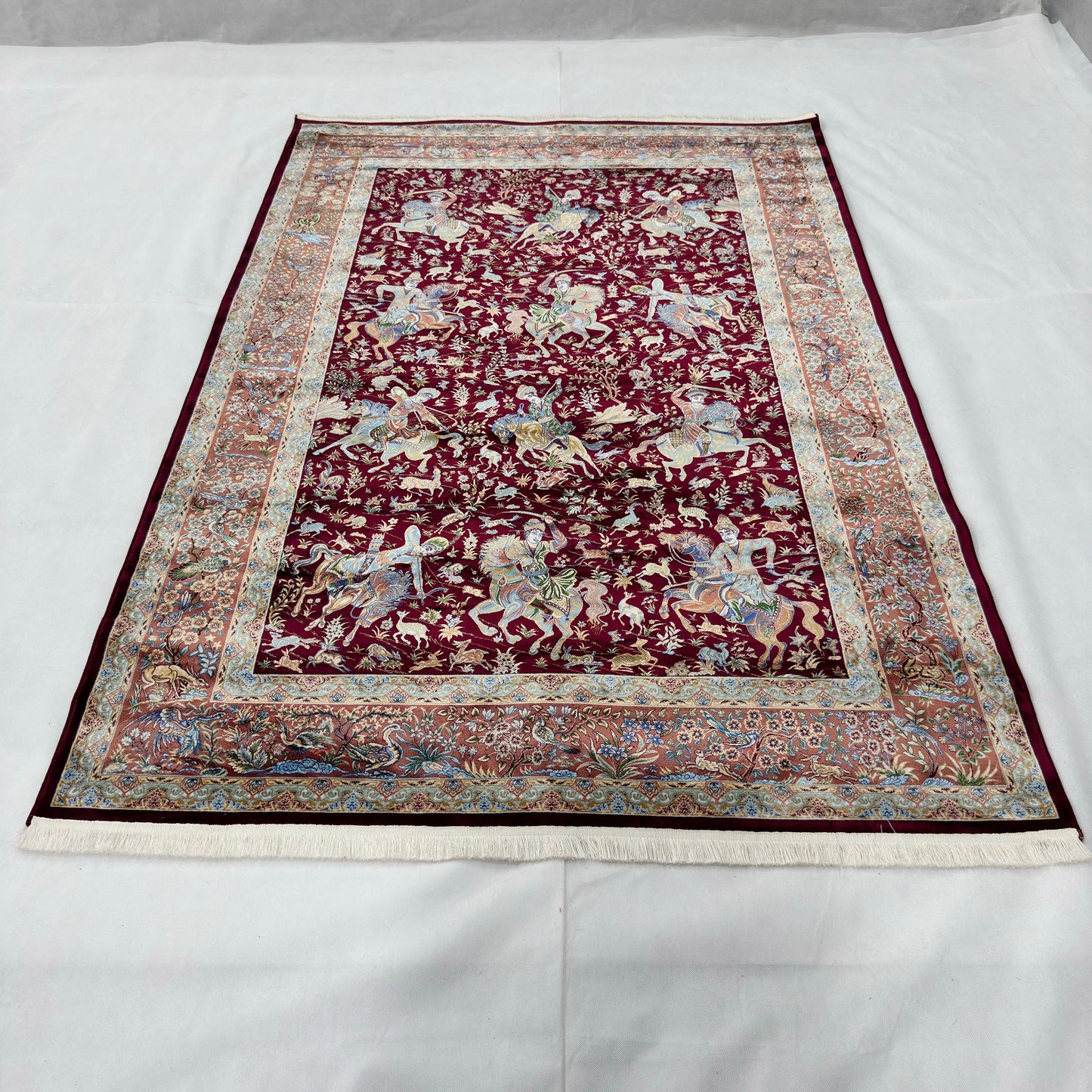 Persian Silk Hunting Scene Rug 5 ft x 8 ft | Pure Silk Abresham | 1600 Reeds