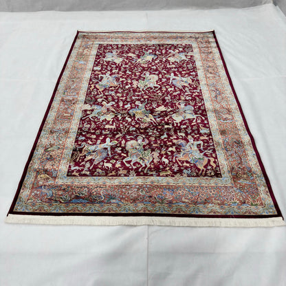 Persian Silk Hunting Scene Rug 5 ft x 8 ft | Pure Silk Abresham | 1600 Reeds