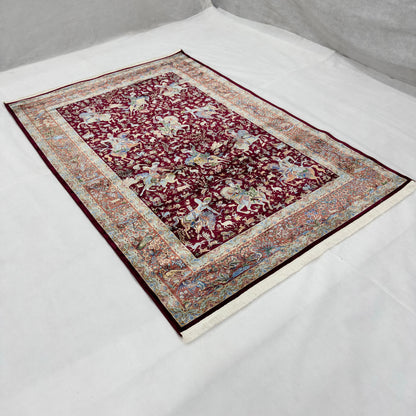 Persian Silk Hunting Scene Rug 5 ft x 8 ft | Pure Silk Abresham | 1600 Reeds