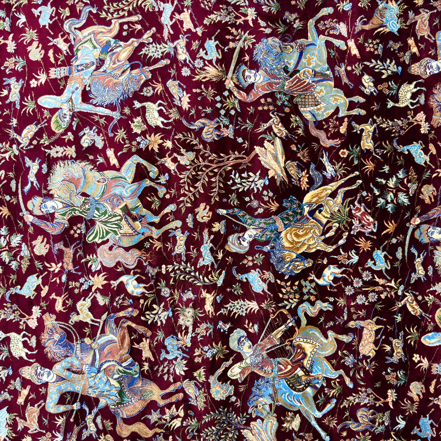 Persian Silk Hunting Scene Rug 5 ft x 8 ft | Pure Silk Abresham | 1600 Reeds