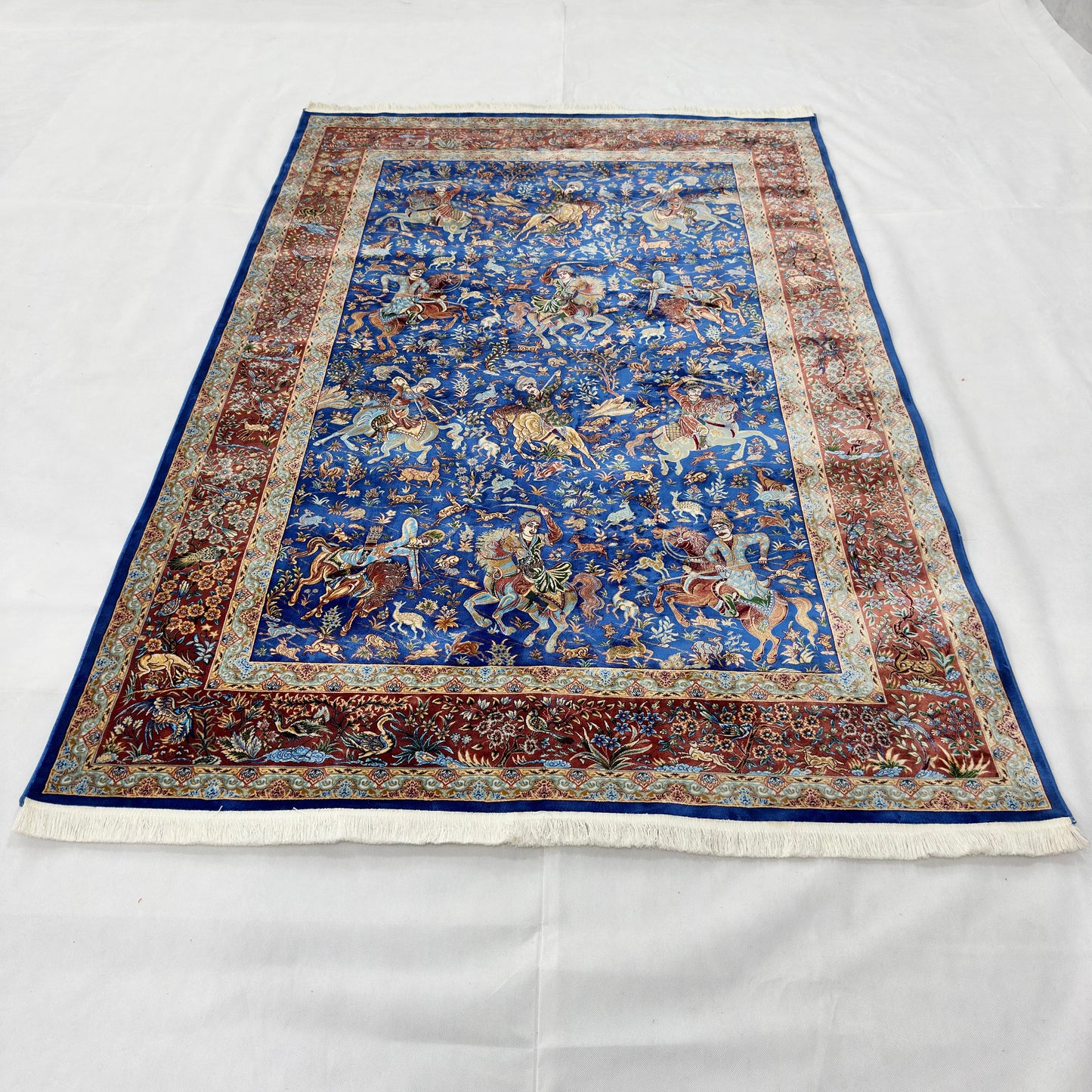 Persian Silk Hunt Scene Rug 5 ft x 8 ft | 1600 Reed Pure Silk Abresham