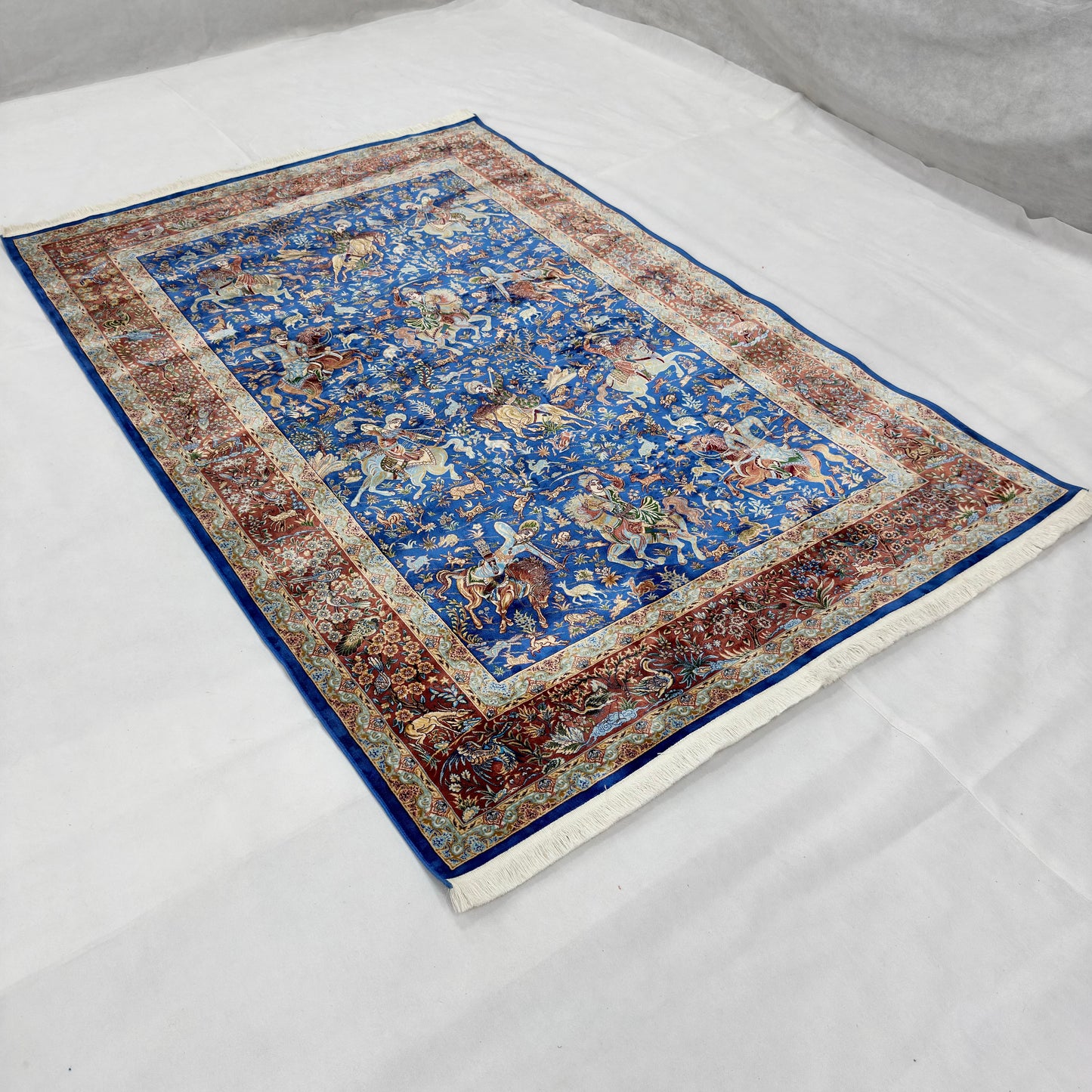 Persian Silk Hunt Scene Rug 5 ft x 8 ft | 1600 Reed Pure Silk Abresham