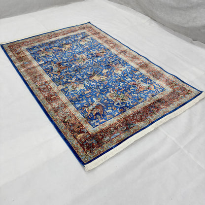Persian Silk Hunt Scene Rug 5 ft x 8 ft | 1600 Reed Pure Silk Abresham