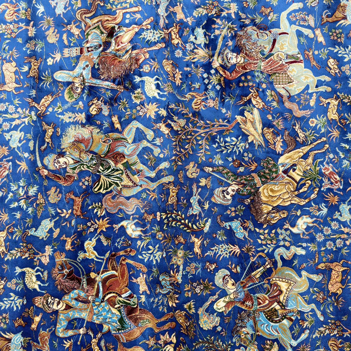 Persian Silk Hunt Scene Rug 5 ft x 8 ft | 1600 Reed Pure Silk Abresham